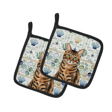 Load image into Gallery viewer, Spotted Tabby Brown Cat Coastal Sea Glass Pair of Pot Holders