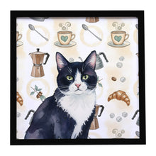 Load image into Gallery viewer, Black and White Tuxedo Cat Coffee Time Framed Metal Print