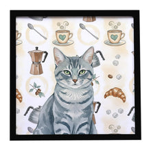 Load image into Gallery viewer, Gray Mackerel Tabby Cat Coffee Time Framed Metal Print