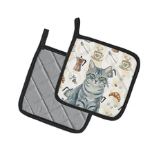 Load image into Gallery viewer, Gray Mackerel Tabby Cat Coffee Time Pair of Pot Holders