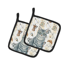 Load image into Gallery viewer, Gray Mackerel Tabby Cat Coffee Time Pair of Pot Holders