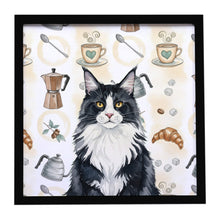 Load image into Gallery viewer, MaineCoon Black and White Cat Coffee Time Framed Metal Print