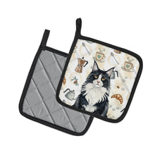 Load image into Gallery viewer, MaineCoon Black and White Cat Coffee Time Pair of Pot Holders