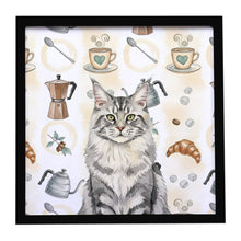 Load image into Gallery viewer, MaineCoon Silver Tabby Cat Coffee Time Framed Metal Print