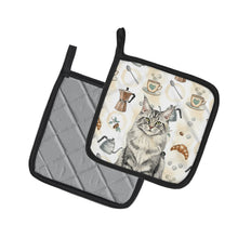 Load image into Gallery viewer, MaineCoon Silver Tabby Cat Coffee Time Pair of Pot Holders