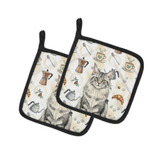 Load image into Gallery viewer, MaineCoon Silver Tabby Cat Coffee Time Pair of Pot Holders