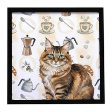 Load image into Gallery viewer, Norwegian Forest Cat Brown Tabby Cat Coffee Time Framed Metal Print