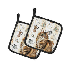 Load image into Gallery viewer, Norwegian Forest Cat Brown Tabby Cat Coffee Time Pair of Pot Holders