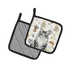 Load image into Gallery viewer, Norwegian Forest Cat Gray and White Cat Coffee Time Pair of Pot Holders