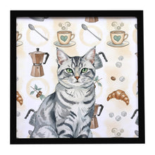 Load image into Gallery viewer, Silver Classic Tabby Cat Coffee Time Framed Metal Print