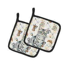 Load image into Gallery viewer, Silver Classic Tabby Cat Coffee Time Pair of Pot Holders