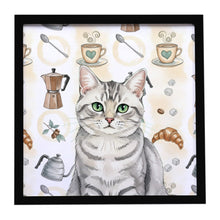 Load image into Gallery viewer, Silver Mackerel Tabby Cat Coffee Time Framed Metal Print
