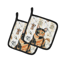 Load image into Gallery viewer, Tortoiseshell Cat Coffee Time Pair of Pot Holders