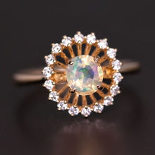 Load image into Gallery viewer, The Sunshine - Faceted Fire Opal Halo Diamond Engagement Ring 18K Gold