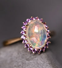 Load image into Gallery viewer, Rare Faceted Mexican Fire Opal Amethyst Engagement Halo Ring 18K Yellow Gold