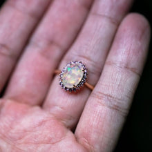 Load image into Gallery viewer, Rare Faceted Mexican Fire Opal Amethyst Engagement Halo Ring 18K Yellow Gold