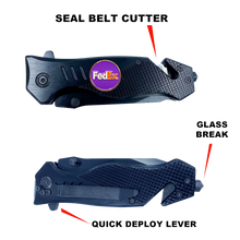 Load image into Gallery viewer, Box Opener Rescue Knife for Fedex Driver 3-in-1 tool with Seatbelt Cutter Steel Serrated Blade Glass Breaker