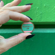 Load image into Gallery viewer, Feminist AF Pink and Green Stripes Enamel Pin on Gift Card