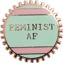 Load image into Gallery viewer, Feminist AF Pink and Green Stripes Enamel Pin on Gift Card