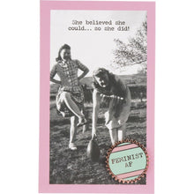Load image into Gallery viewer, Feminist AF Pink and Green Stripes Enamel Pin on Gift Card