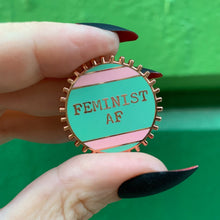 Load image into Gallery viewer, Feminist AF Pink and Green Stripes Enamel Pin on Gift Card