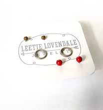 Load image into Gallery viewer, Red Silver Circles &amp; Olive Tiny Geo Stud Earrings Set