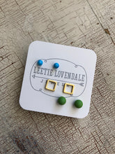 Load image into Gallery viewer, Turquoise Frosted Gold Squares &amp; Lime Green Tiny Geo Stud Earrings Set