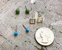Load image into Gallery viewer, Turquoise Frosted Gold Squares &amp; Lime Green Tiny Geo Stud Earrings Set