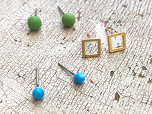 Load image into Gallery viewer, Turquoise Frosted Gold Squares &amp; Lime Green Tiny Geo Stud Earrings Set