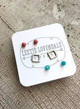 Load image into Gallery viewer, Tiny Teal Moonglow &amp; Frosted Silver Square Geo Stud Earrings