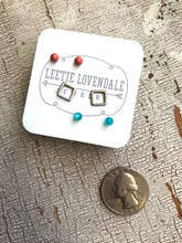 Load image into Gallery viewer, Tiny Teal Moonglow &amp; Frosted Silver Square Geo Stud Earrings
