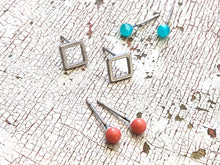 Load image into Gallery viewer, Tiny Teal Moonglow &amp; Frosted Silver Square Geo Stud Earrings