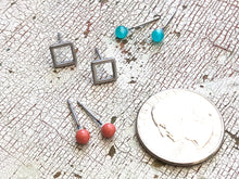 Load image into Gallery viewer, Tiny Teal Moonglow &amp; Frosted Silver Square Geo Stud Earrings
