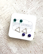 Load image into Gallery viewer, Tiny Emerald Blue &amp; Frosted Silver Triangle Geo Stud Earrings Set