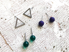 Load image into Gallery viewer, Tiny Emerald Blue &amp; Frosted Silver Triangle Geo Stud Earrings Set