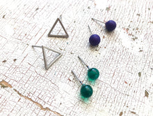 Load image into Gallery viewer, Tiny Emerald Blue &amp; Frosted Silver Triangle Geo Stud Earrings Set