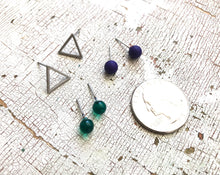 Load image into Gallery viewer, Tiny Emerald Blue &amp; Frosted Silver Triangle Geo Stud Earrings Set