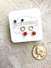 Load image into Gallery viewer, Tiny Forest Green Tomato Red &amp; Frosted Gold Hexagon Geo Studs Earring Set
