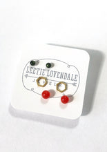 Load image into Gallery viewer, Tiny Forest Green Tomato Red &amp; Frosted Gold Hexagon Geo Studs Earring Set