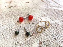 Load image into Gallery viewer, Tiny Forest Green Tomato Red &amp; Frosted Gold Hexagon Geo Studs Earring Set