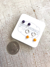Load image into Gallery viewer, Tiny Dark Purple Amber &amp; Frosted Silver Hexagon Geo Stud Earrings Set