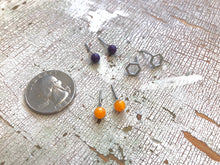 Load image into Gallery viewer, Tiny Dark Purple Amber &amp; Frosted Silver Hexagon Geo Stud Earrings Set
