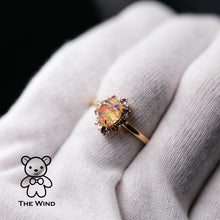 Load image into Gallery viewer, Mexican Fire Opal Amethyst Diamond Engagement Halo Ring 18K Yellow Gold