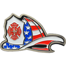 Load image into Gallery viewer, BL15-016 Maltese Cross Fire Department Helmet Bottle Opener Thin Red Line Flag Challenge Coin Fire Fighter