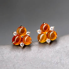 Load image into Gallery viewer, 18K Gold Mexican Fire Opal Diamond Trio Stud Earrings