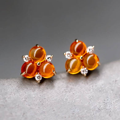 18K Gold Mexican Fire Opal Diamond Trio Stud Earrings