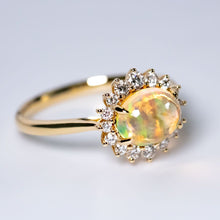 Load image into Gallery viewer, Mexican Fire Opal Halo Diamond Engagement Ring 18K Yellow Gold