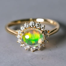 Load image into Gallery viewer, Mexican Fire Opal Halo Diamond Engagement Ring 18K Yellow Gold
