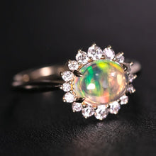 Load image into Gallery viewer, Mexican Fire Opal Halo Diamond Engagement Ring 18K Yellow Gold