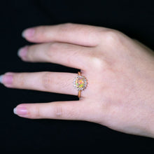 Load image into Gallery viewer, Mexican Fire Opal Halo Diamond Engagement Ring 18K Yellow Gold